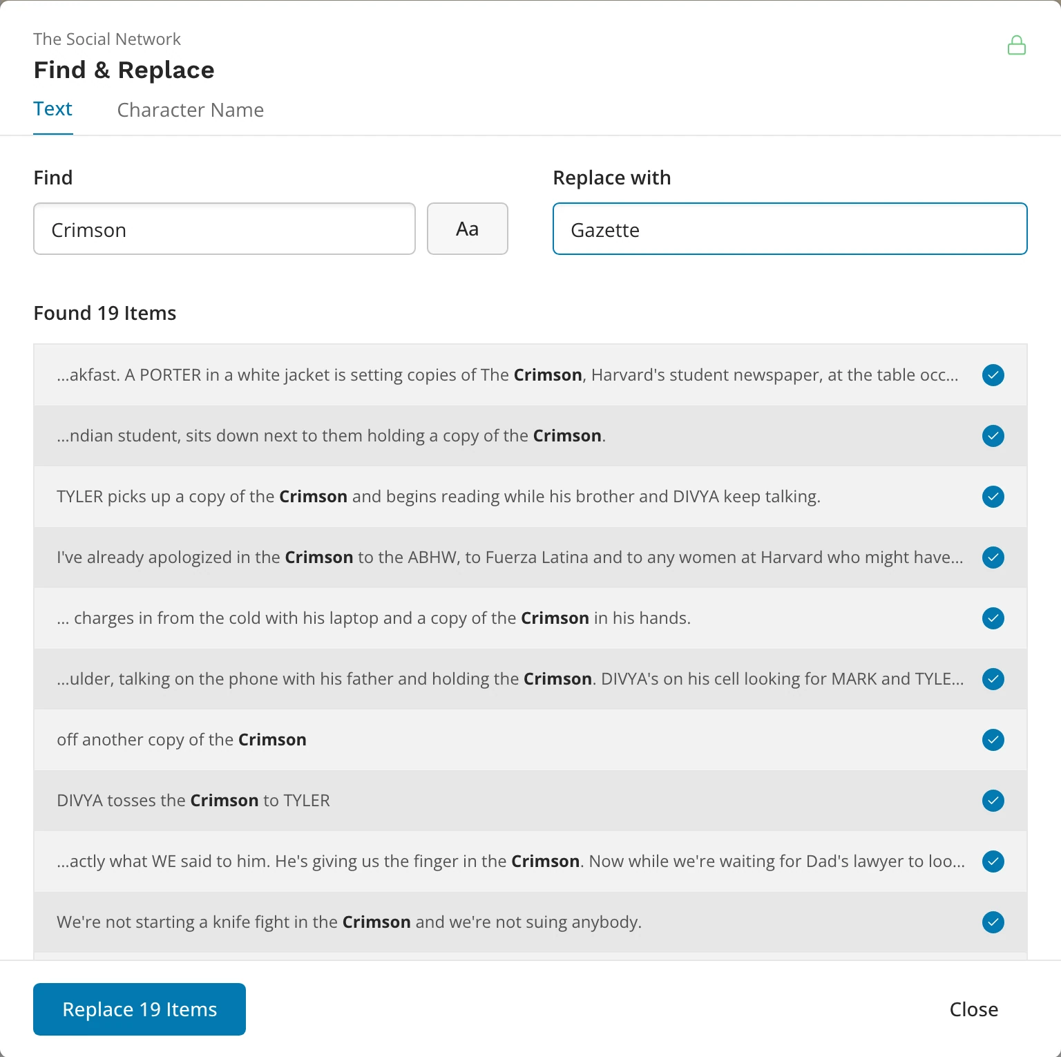 The Find & Replace window on its Text tab, with the search, the replacement, the list of matches and the Replace button