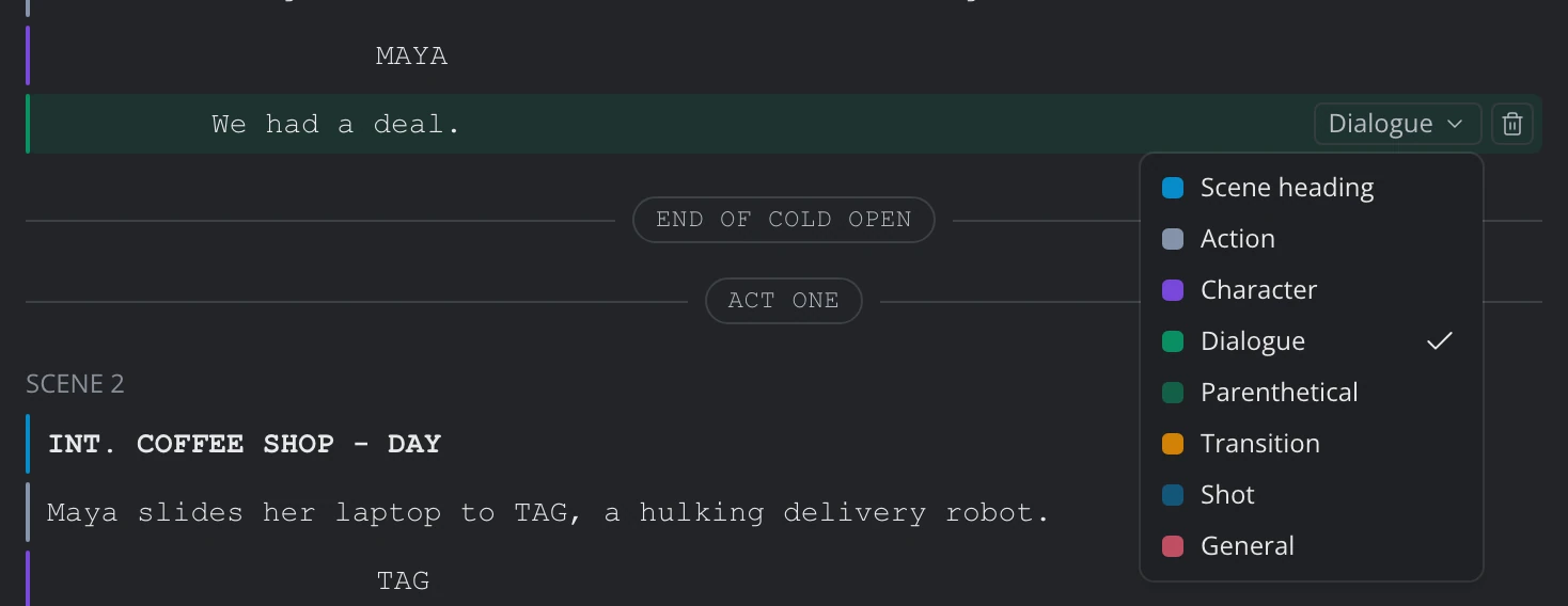 A Breakdown line with its Change text type menu open, listing Scene heading, Action, Character, Dialogue and the other types
