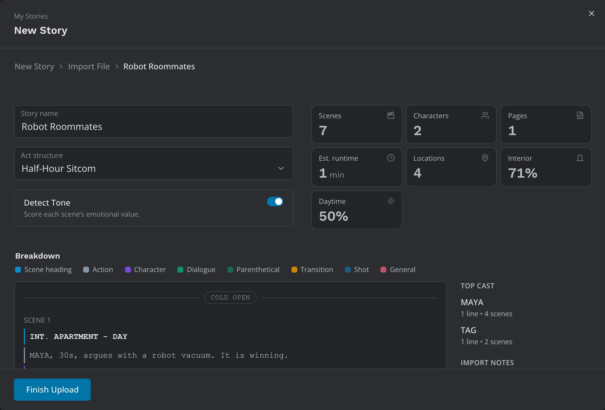 The import review: Story name, Act structure and Detect Tone beside the Insights tiles, with the Breakdown, Top cast and Import notes below and Finish Upload at the bottom