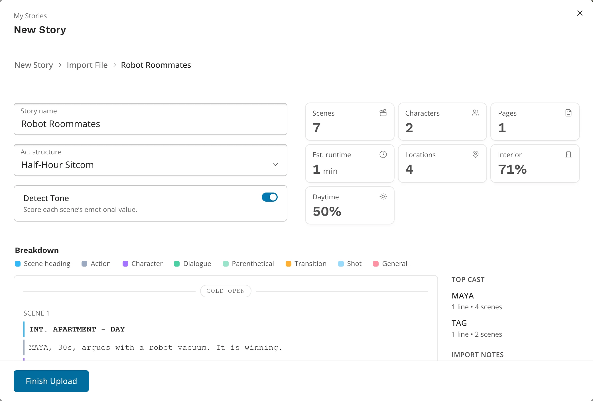 The import review: Story name, Act structure and Detect Tone beside the Insights tiles, with the Breakdown, Top cast and Import notes below and Finish Upload at the bottom