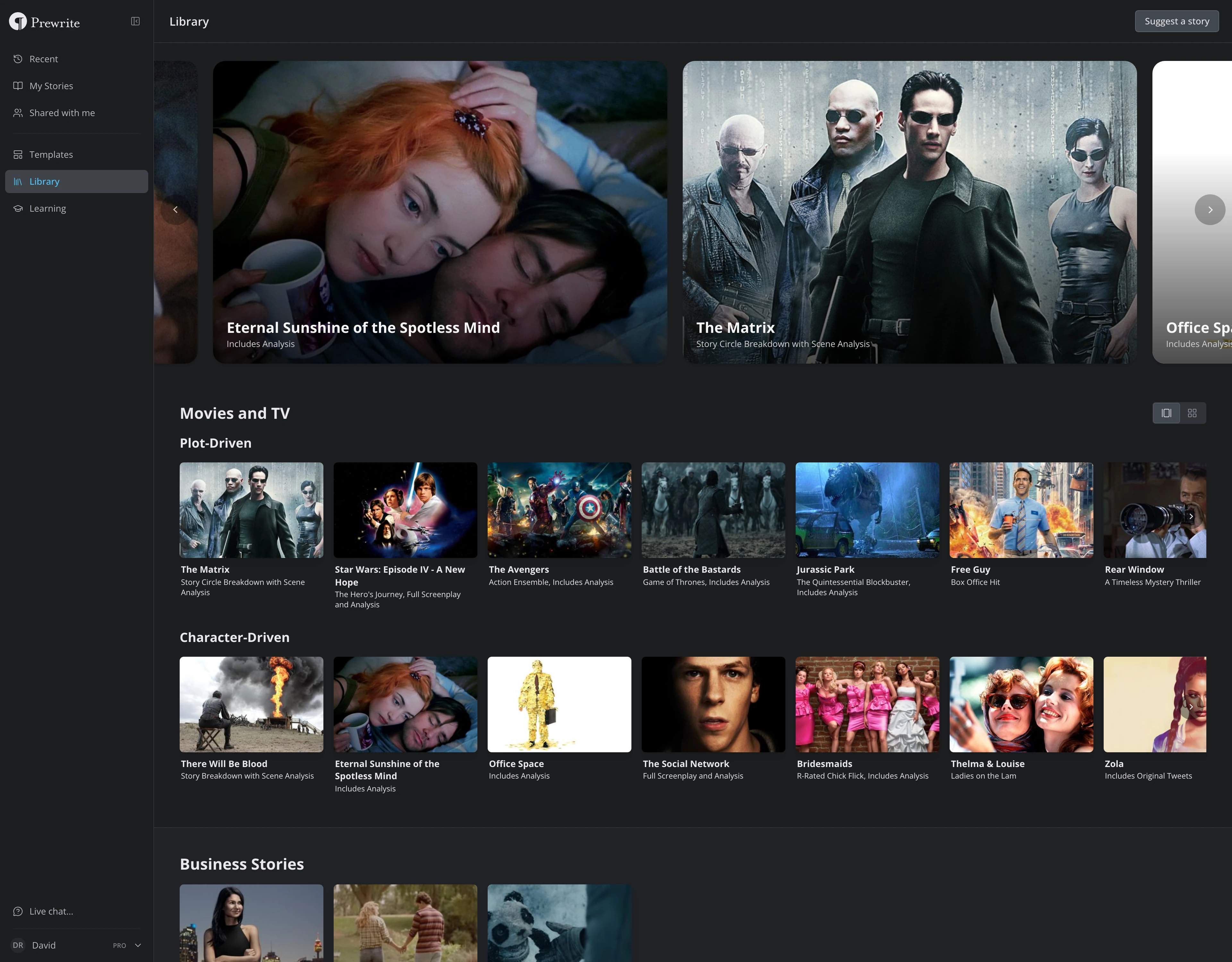 The Library page, with the featured stories at the top and the Movies and TV section below, its layout toggle at the right