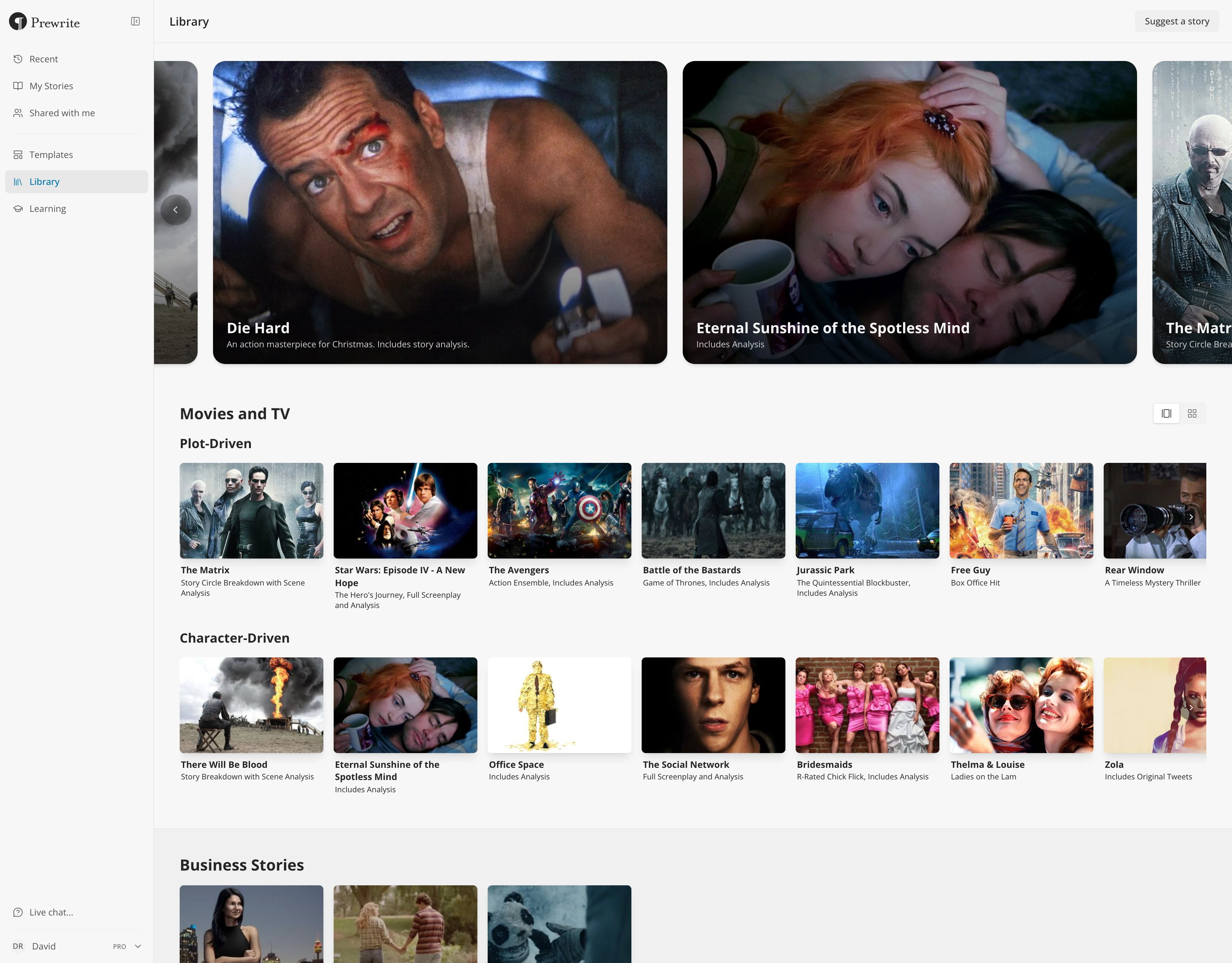 The Library page, with the featured stories at the top and the Movies and TV section below, its layout toggle at the right