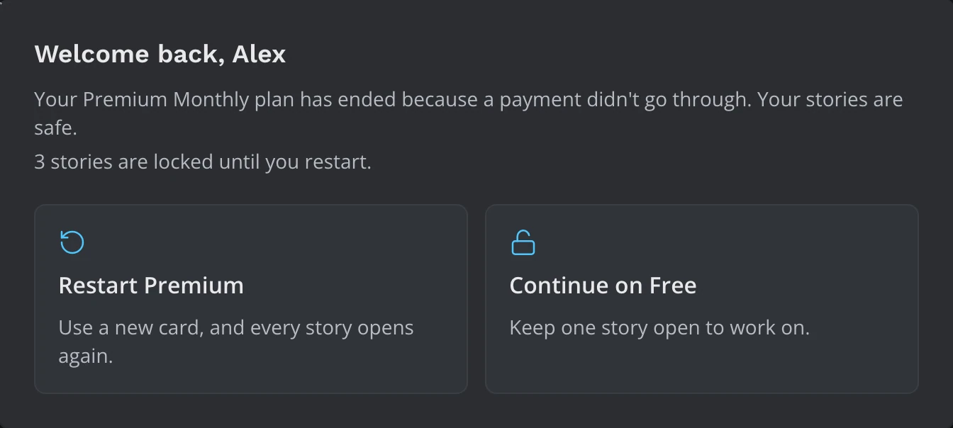 The welcome-back window with Restart and Continue on Free