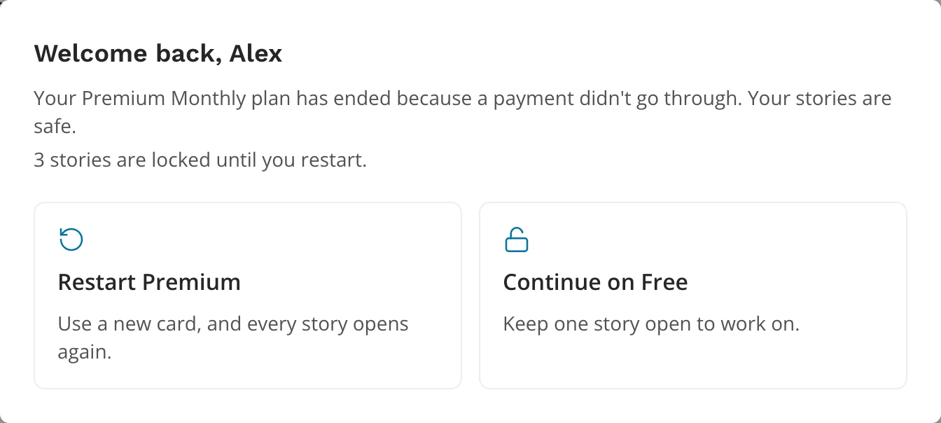 The welcome-back window with Restart and Continue on Free