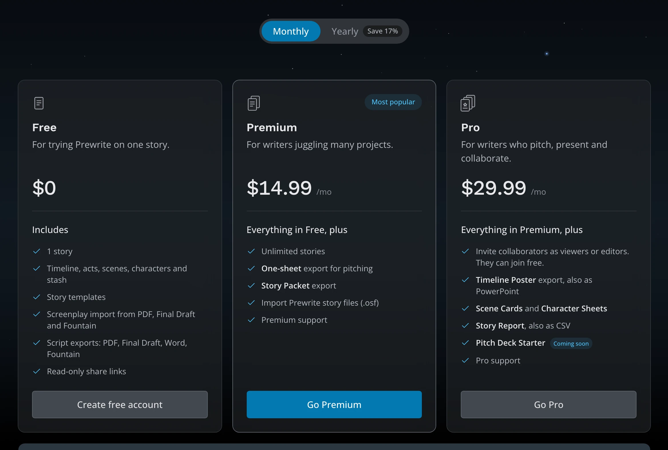 The pricing page with the Free, Premium and Pro plan cards