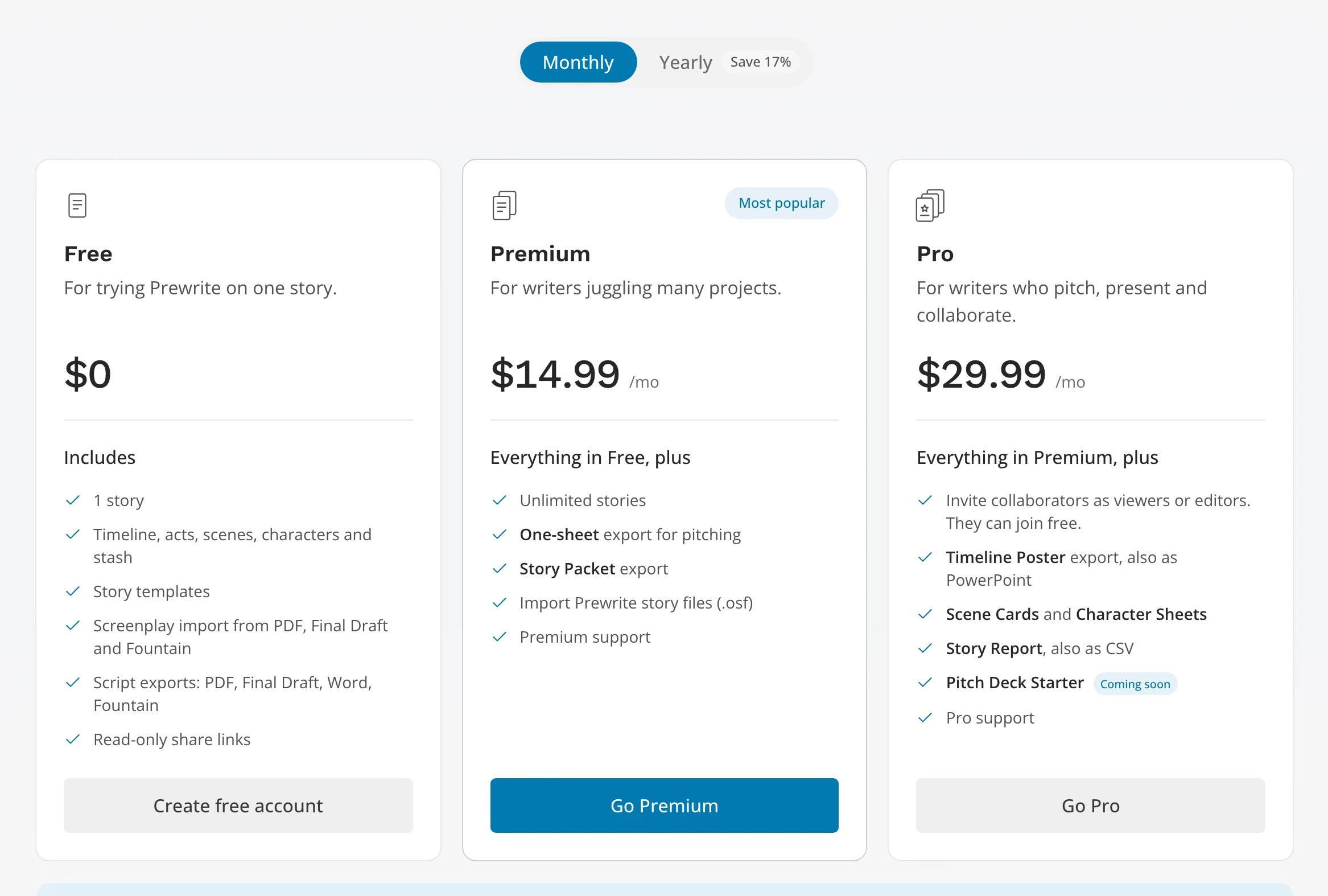 The pricing page with the Free, Premium and Pro plan cards