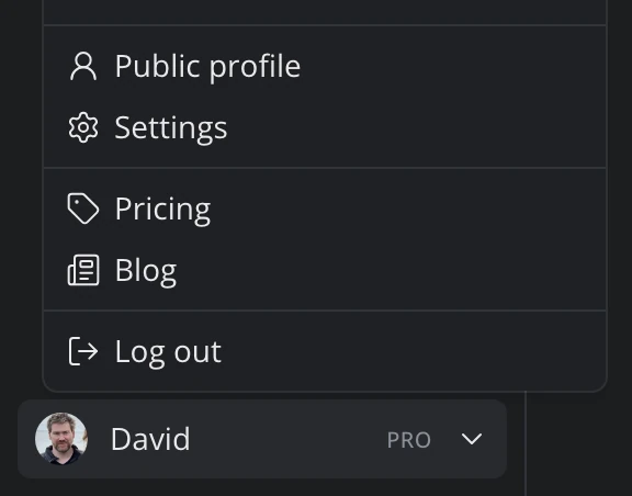 The account menu, with Public profile and Settings