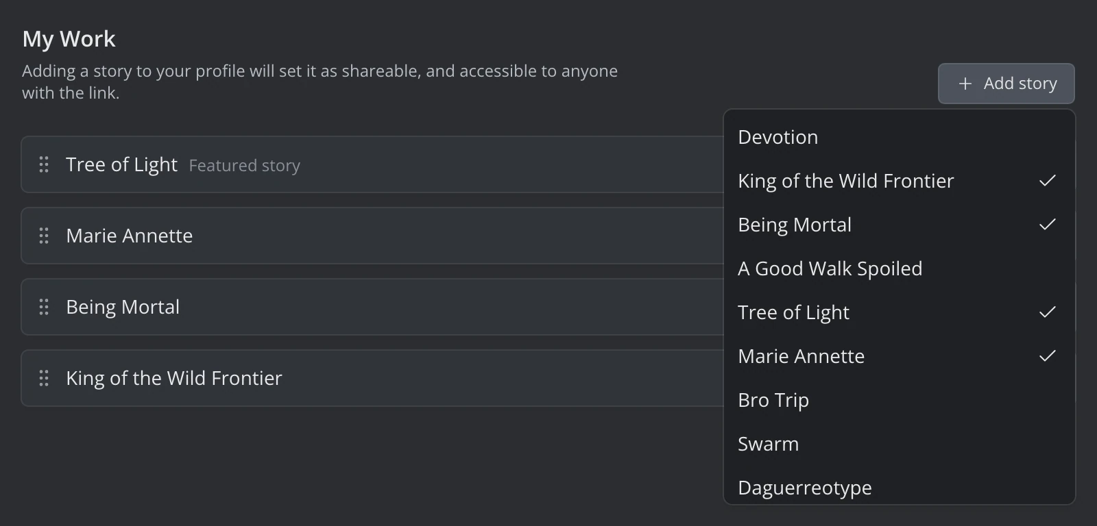The My Work section with the Add story list open, some stories ticked