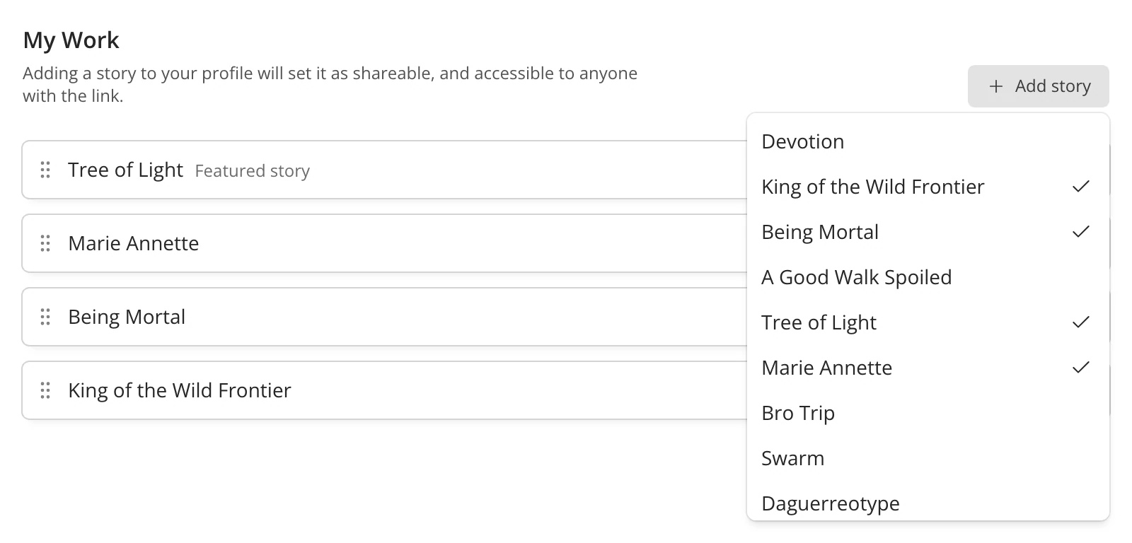 The My Work section with the Add story list open, some stories ticked