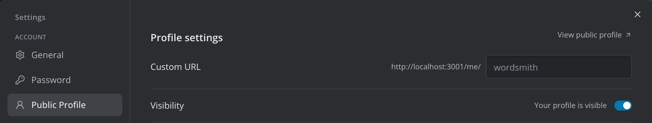 The Public Profile settings, with the Custom URL field and the Visibility switch under Profile settings