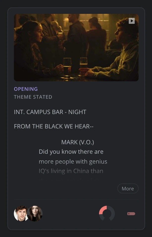 A scene card in the Cards view: its image, the Opening story beat, the theme, the body starting with its scene heading, and the characters, tone gauge and plot threads along the bottom