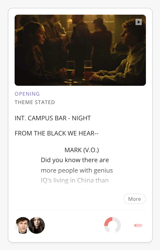 A scene card in the Cards view: its image, the Opening story beat, the theme, the body starting with its scene heading, and the characters, tone gauge and plot threads along the bottom