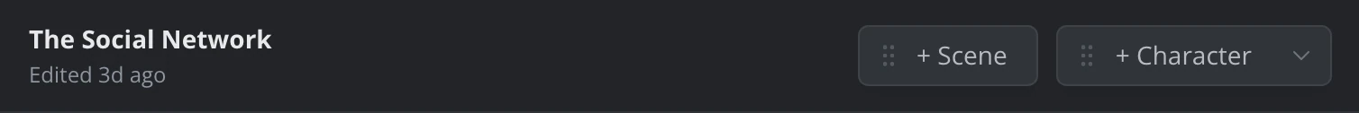 The + Scene and + Character chips in the view header, beside the story title