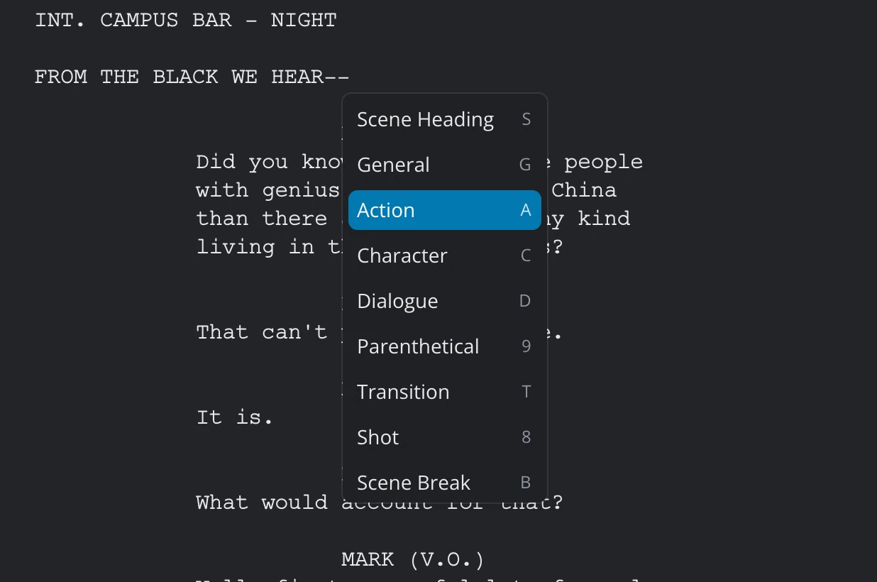 The text format menu, with Scene Break near the bottom