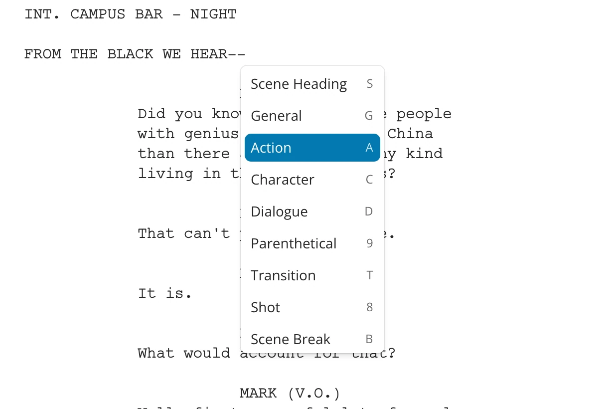 The text format menu, with Scene Break near the bottom