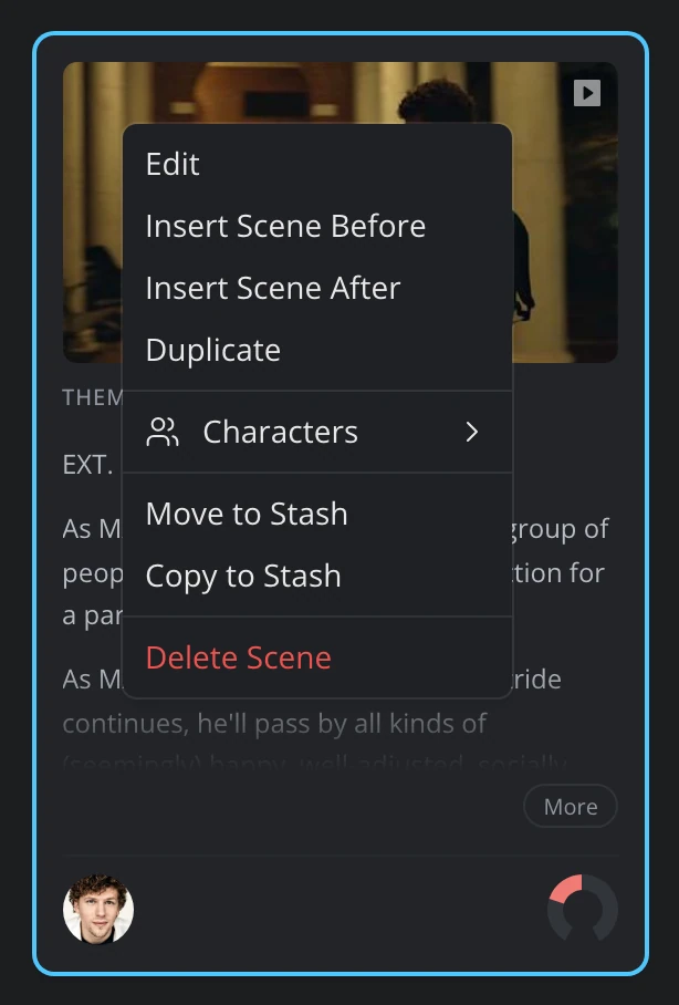 The right-click menu on a scene card: Edit, Insert Scene Before, Insert Scene After, Duplicate, Characters, Move to Stash, Copy to Stash and Delete Scene