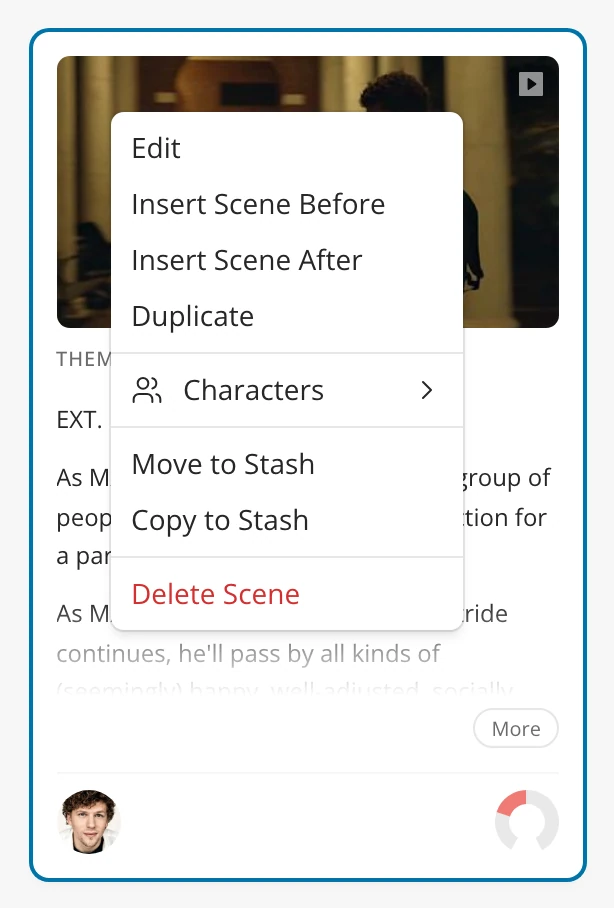 The right-click menu on a scene card: Edit, Insert Scene Before, Insert Scene After, Duplicate, Characters, Move to Stash, Copy to Stash and Delete Scene