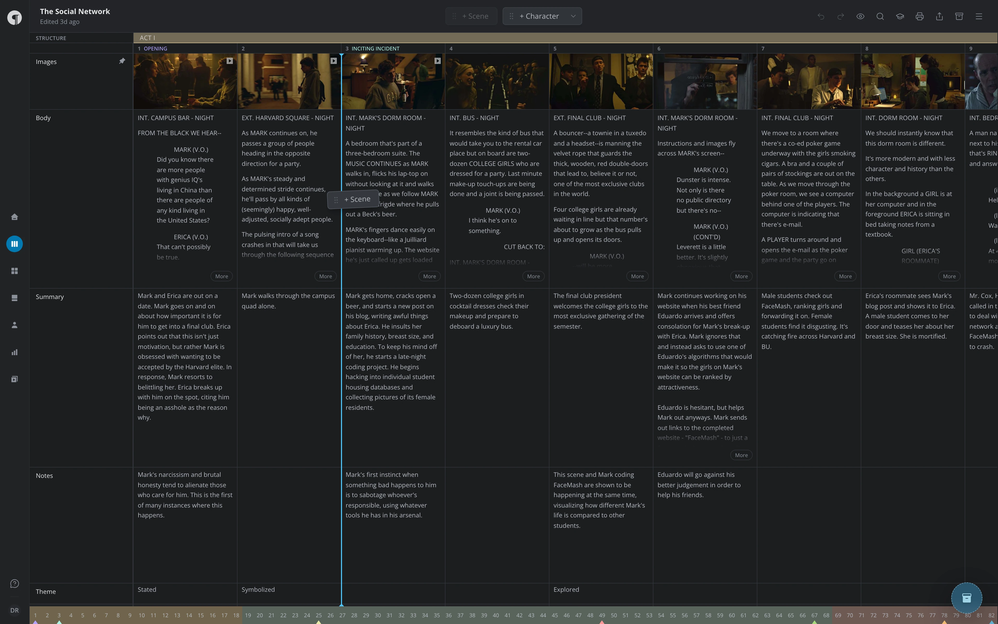 Dragging the + Scene chip between two scenes in the Timeline, with the insertion line showing where it will land