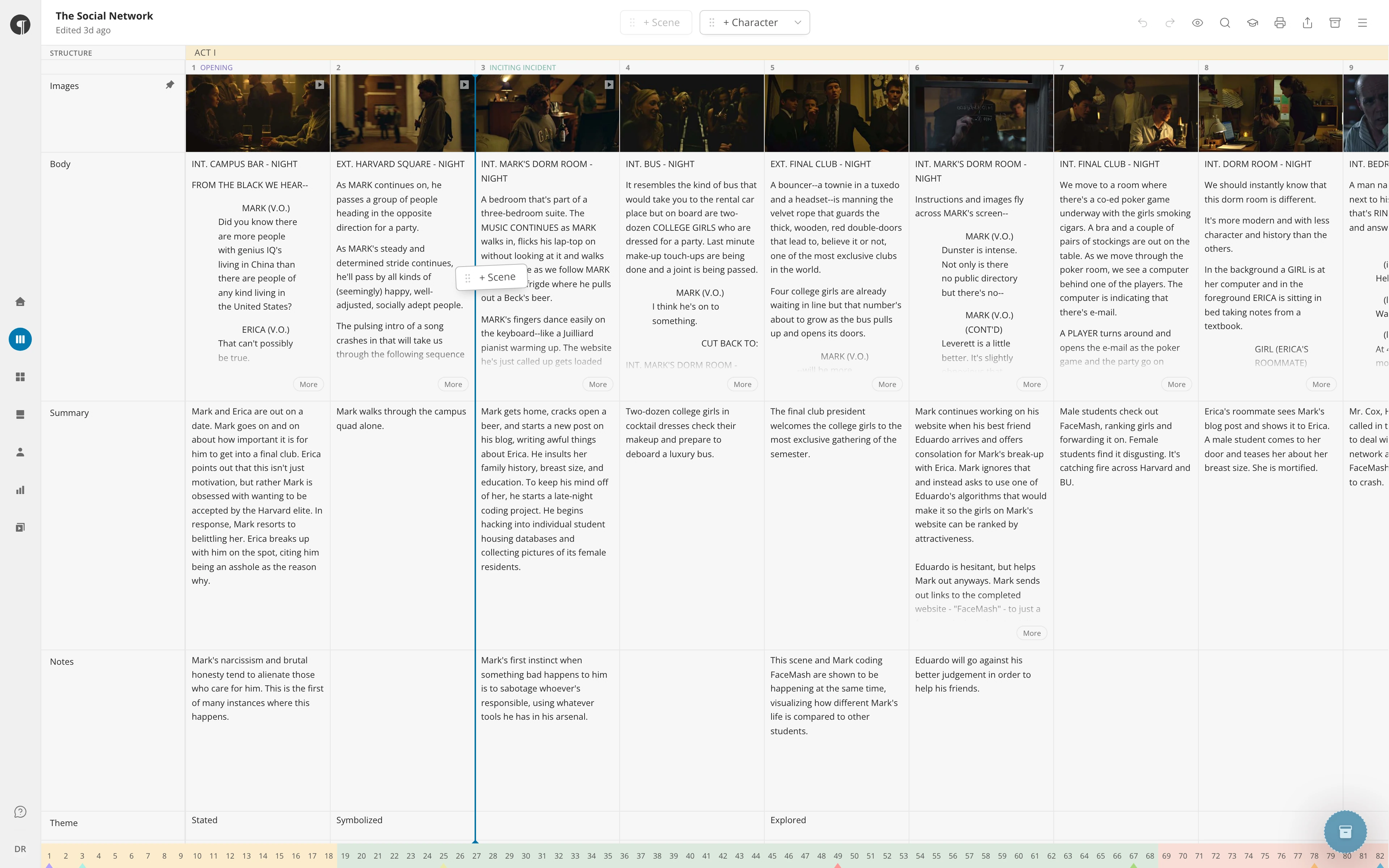 Dragging the + Scene chip between two scenes in the Timeline, with the insertion line showing where it will land