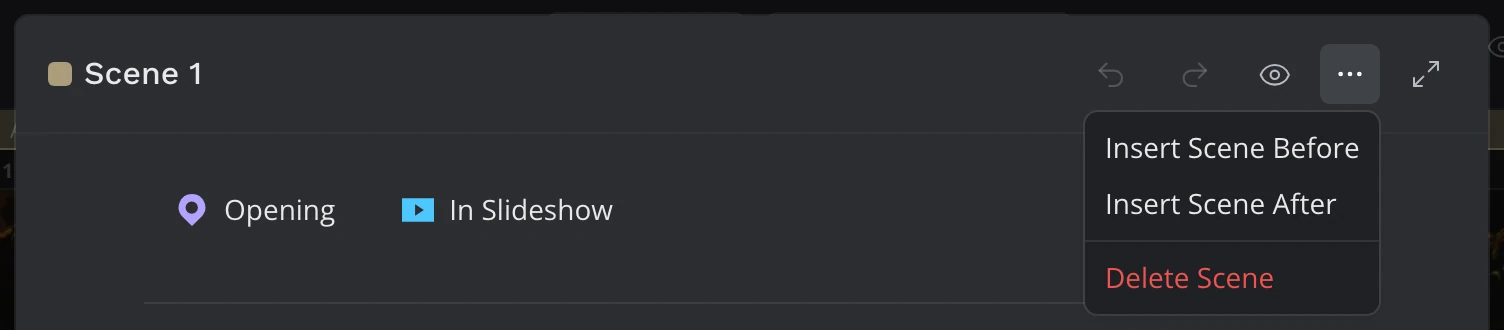 The Edit Window's menu with Insert Scene Before, Insert Scene After and Delete Scene