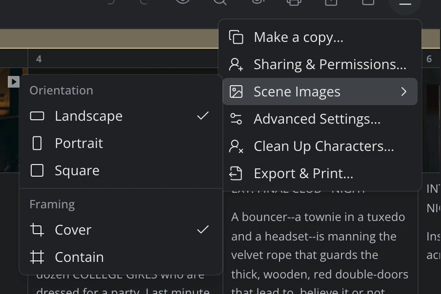 The story menu with the Scene Images options: Orientation and Framing