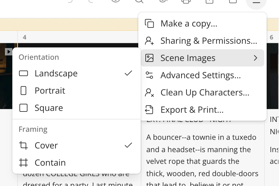 The story menu with the Scene Images options: Orientation and Framing