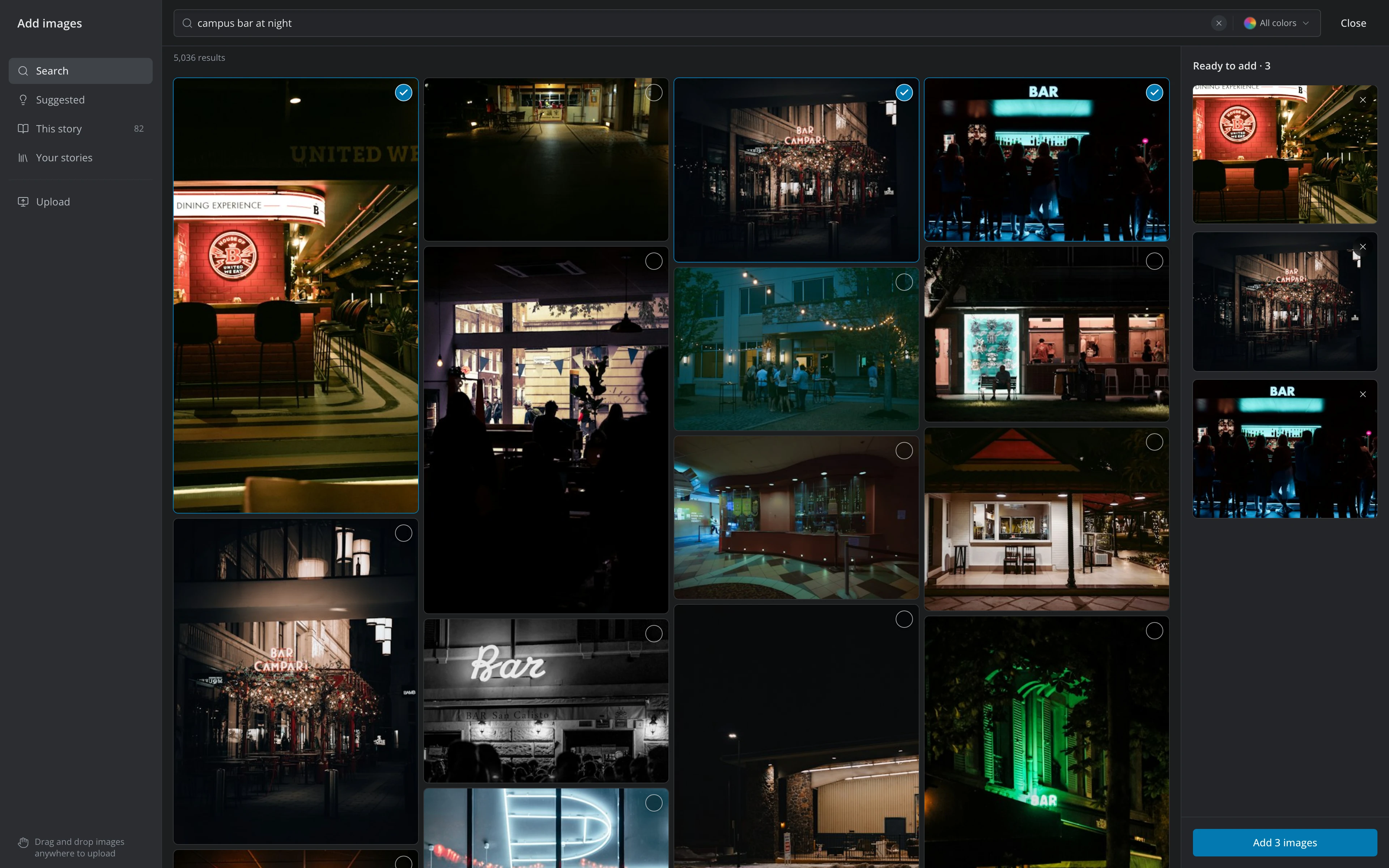 The Add images window on the Search tab, three photos ticked and listed in the Ready to add panel on the right with the Add 3 images button