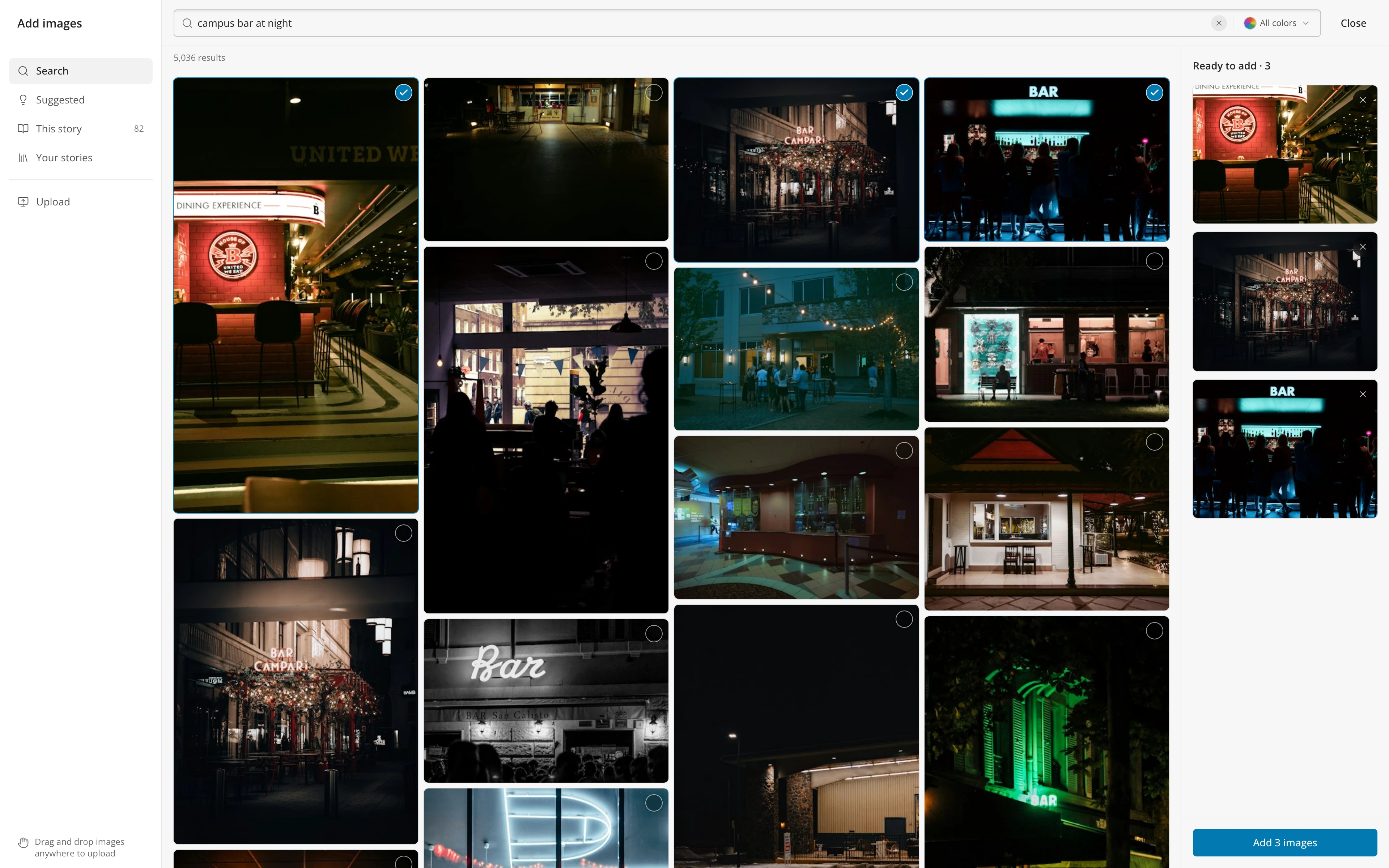 The Add images window on the Search tab, three photos ticked and listed in the Ready to add panel on the right with the Add 3 images button
