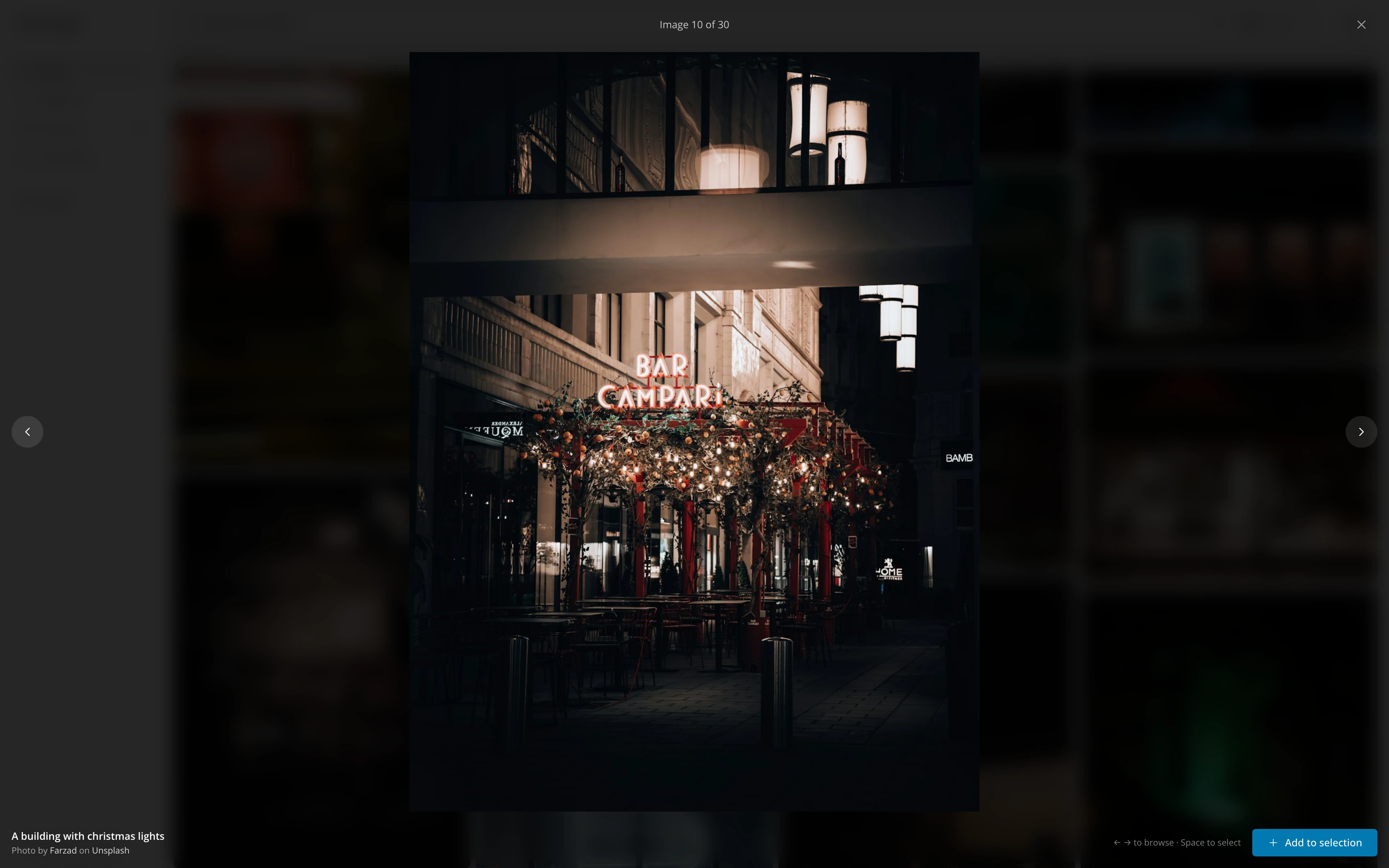 A photo opened large in the image preview, with its place in the list (Image 10 of 30) at the top, the arrows either side, the photographer's credit and the Add to selection button