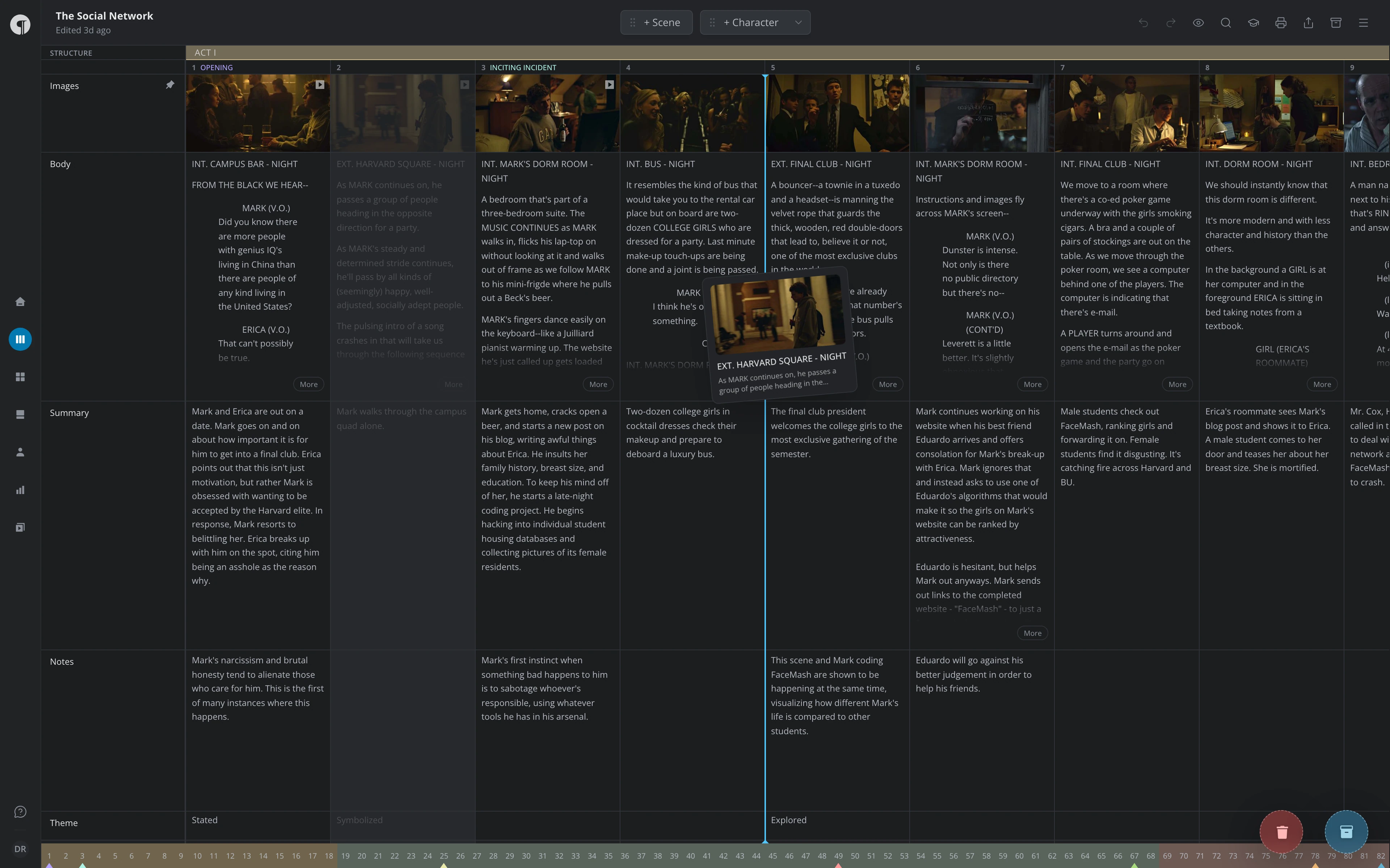 A scene being dragged in the Timeline, with the insertion line and the Trash and Stash circles