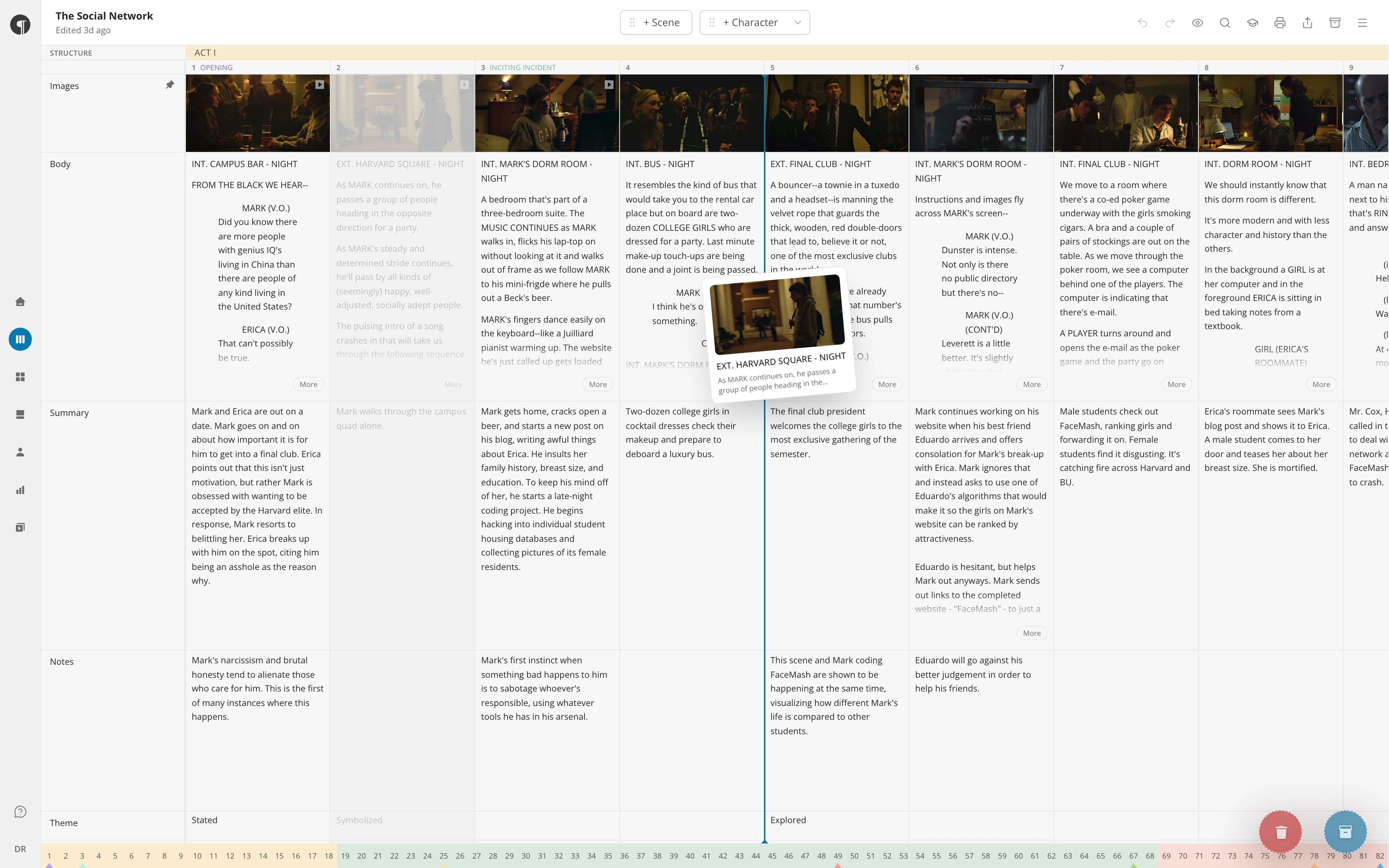 A scene being dragged in the Timeline, with the insertion line and the Trash and Stash circles