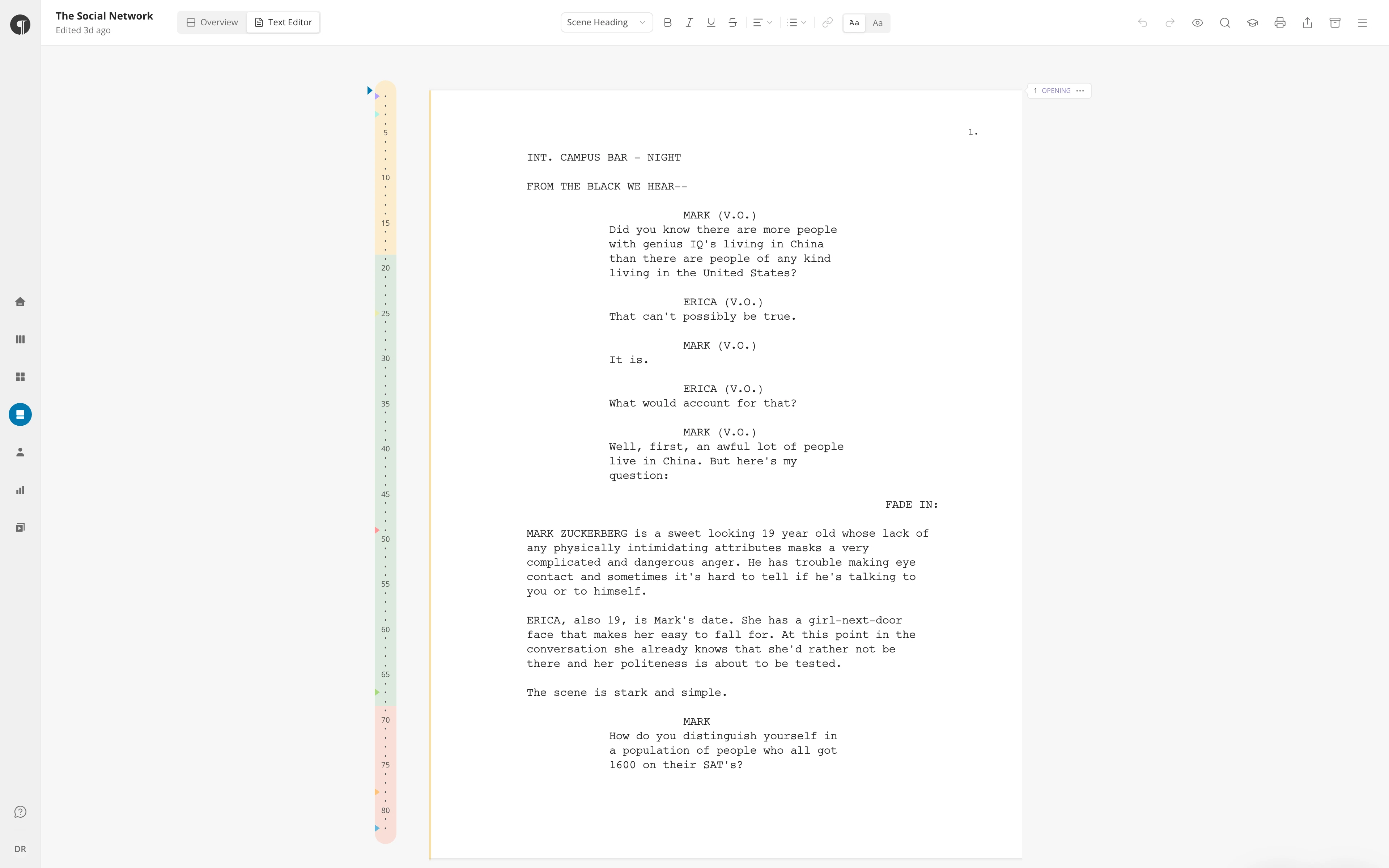 The Page view in Text Editor mode, with the scene numbers down the right-hand side