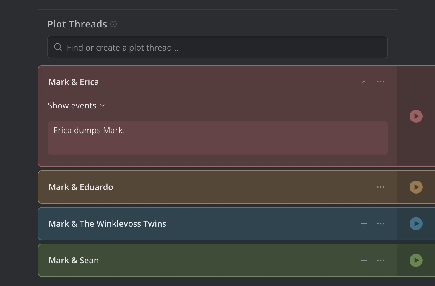The Plot Threads section, with the search field and a thread open on this scene's story event
