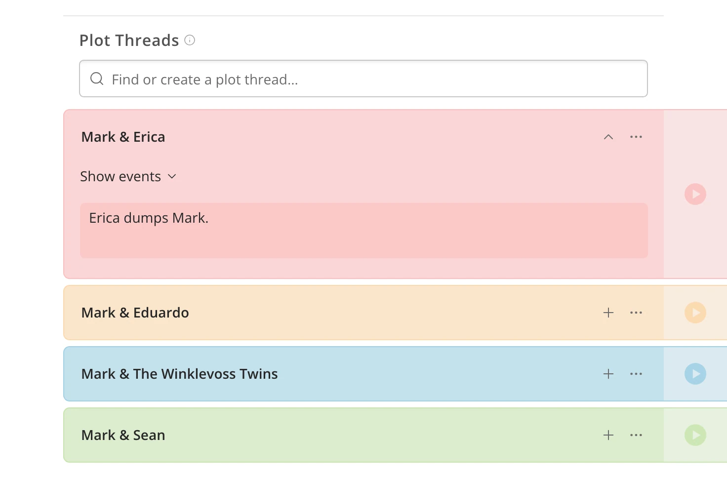 The Plot Threads section, with the search field and a thread open on this scene's story event