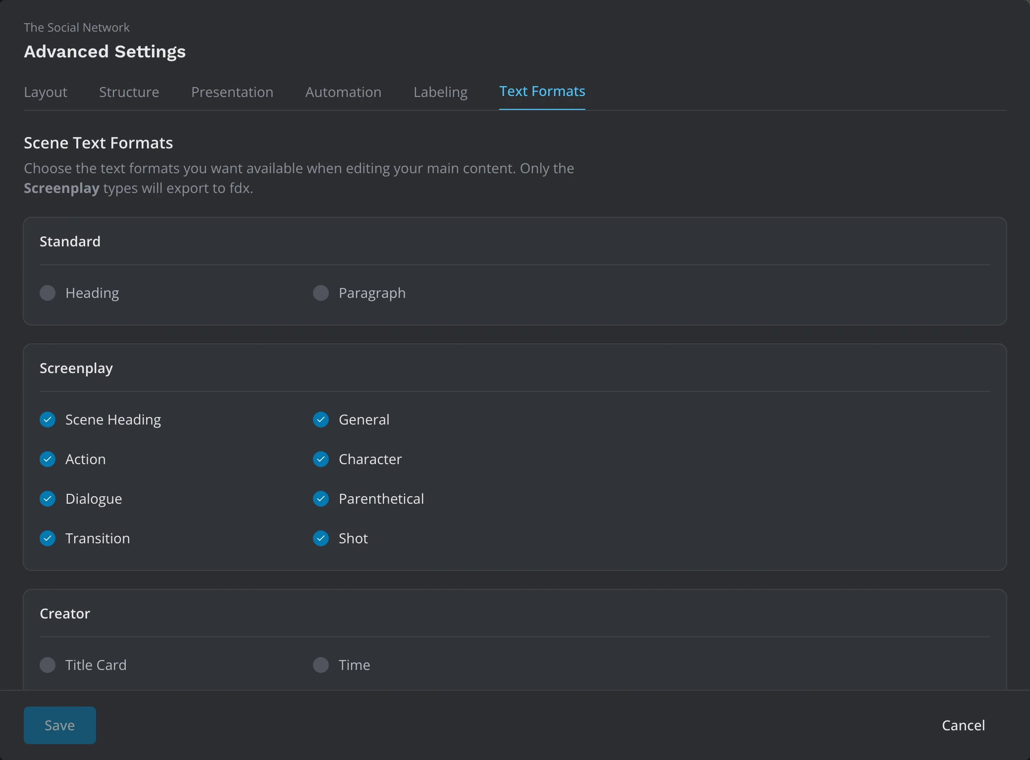 The Text Formats tab of Advanced Settings, with the Standard, Screenplay and Creator groups