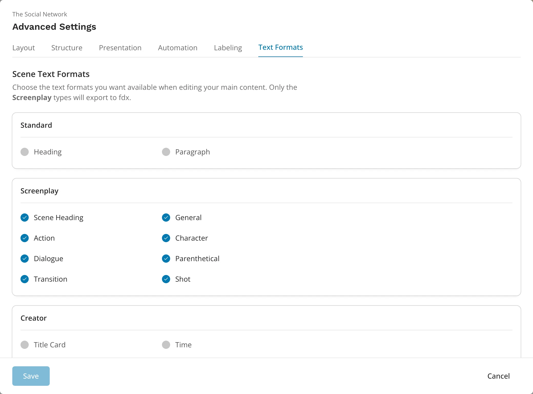 The Text Formats tab of Advanced Settings, with the Standard, Screenplay and Creator groups