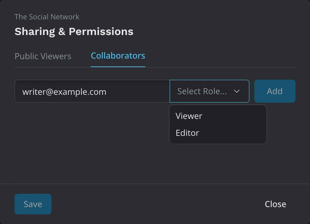 The Collaborators tab with an email typed and the role menu open: Viewer and Editor
