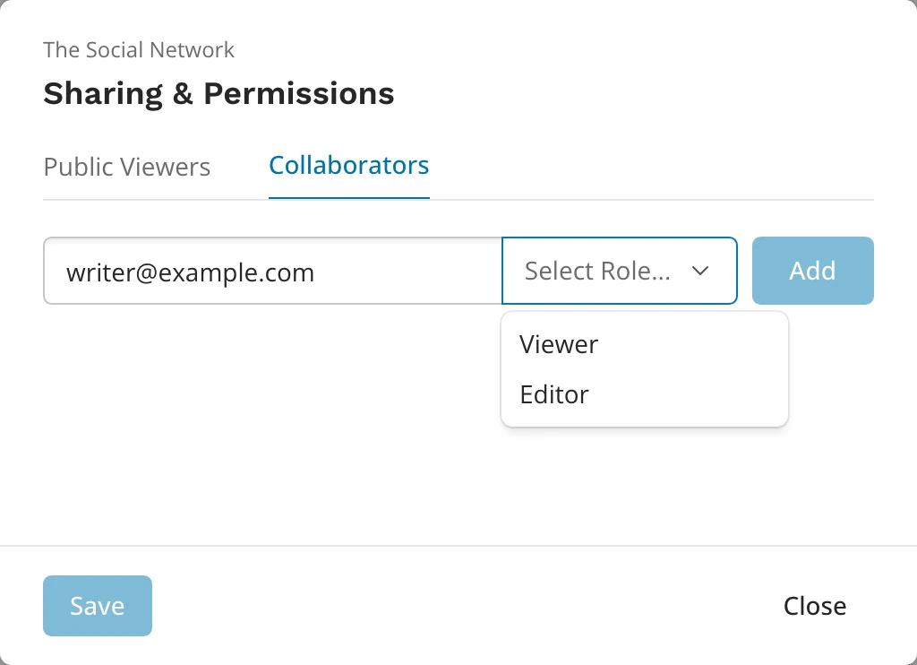 The Collaborators tab with an email typed and the role menu open: Viewer and Editor