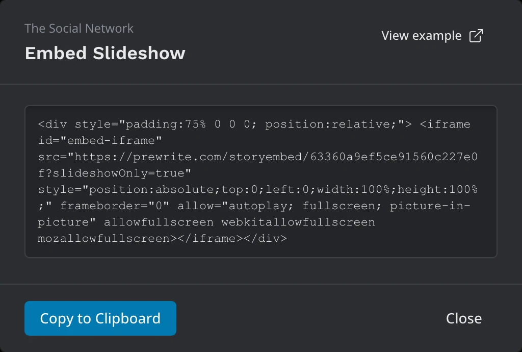 The Embed Slideshow window with the embed code, View example, and Copy to Clipboard
