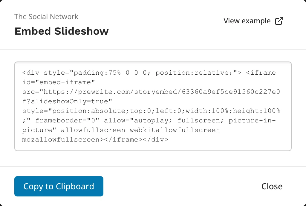 The Embed Slideshow window with the embed code, View example, and Copy to Clipboard