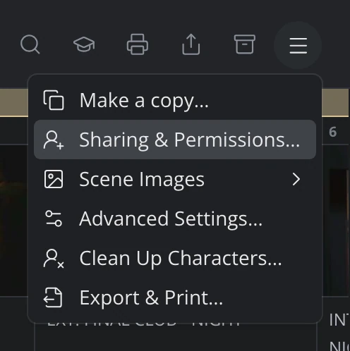 The story's Menu open, with Sharing & Permissions… under Story details