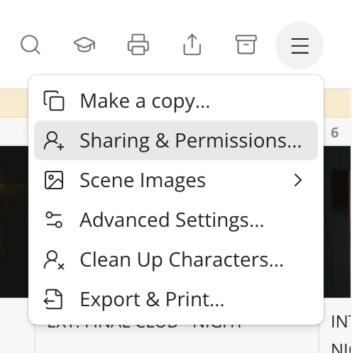The story's Menu open, with Sharing & Permissions… under Story details