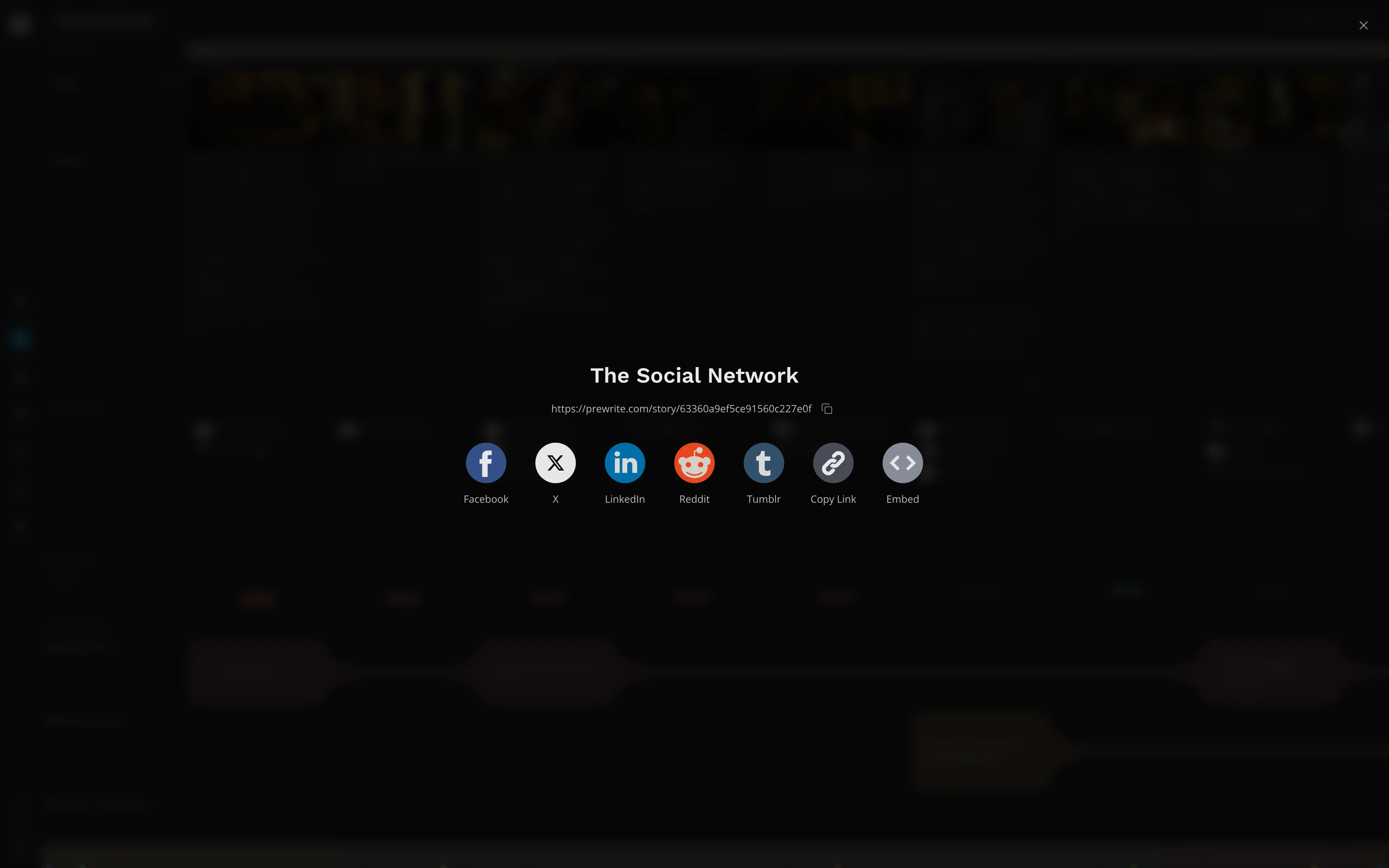 The share window: the story's title and link with a copy button, then Facebook, X, LinkedIn, Reddit, Tumblr, Copy Link and Embed