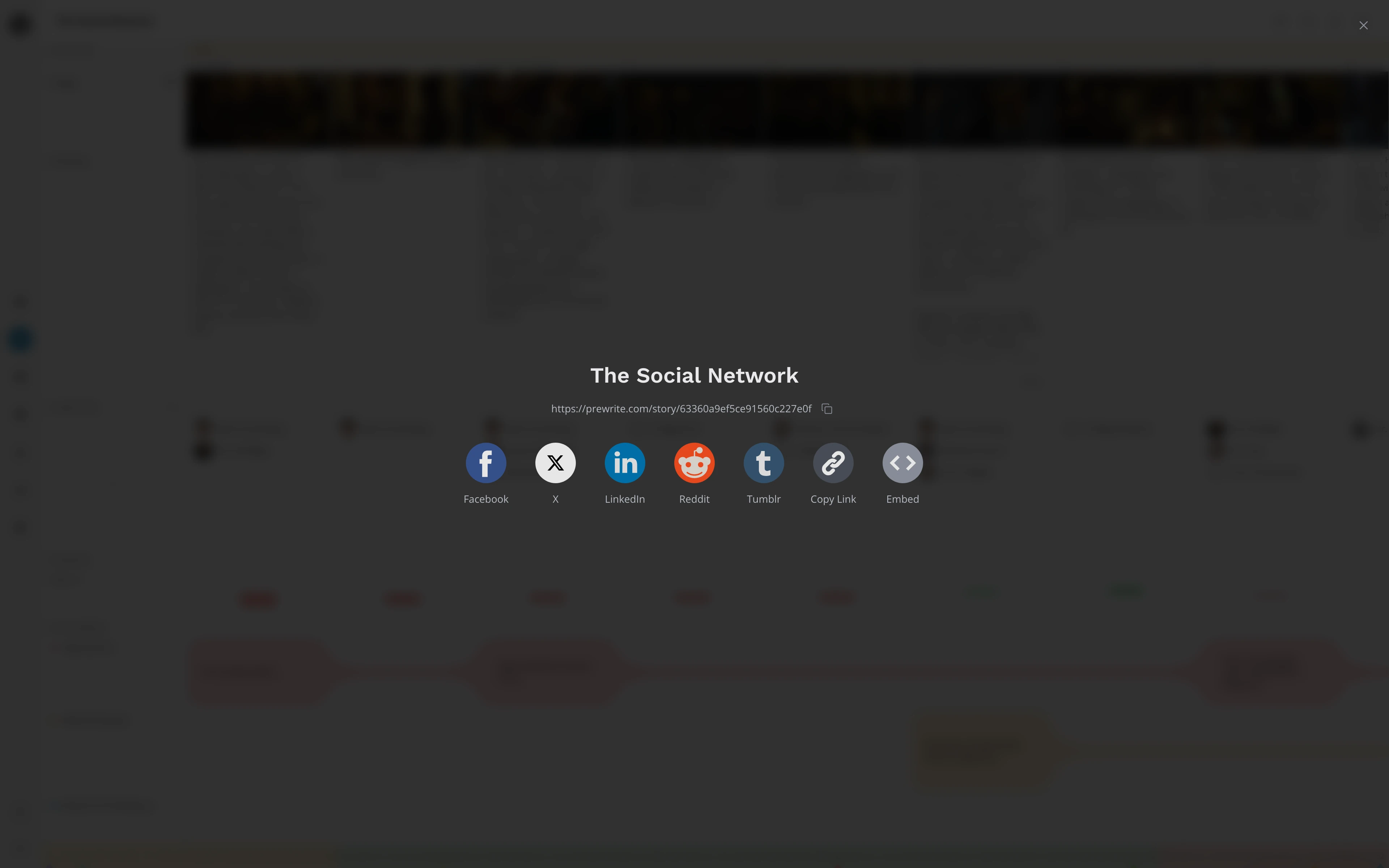 The share window: the story's title and link with a copy button, then Facebook, X, LinkedIn, Reddit, Tumblr, Copy Link and Embed