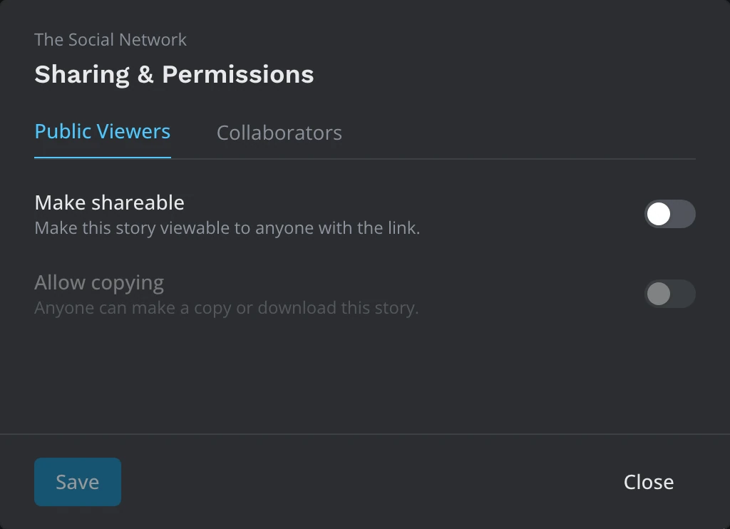 The Public Viewers tab with the Make shareable and Allow copying switches