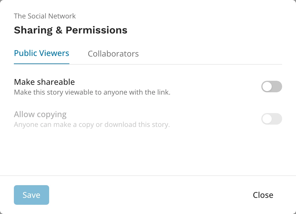 The Public Viewers tab with the Make shareable and Allow copying switches