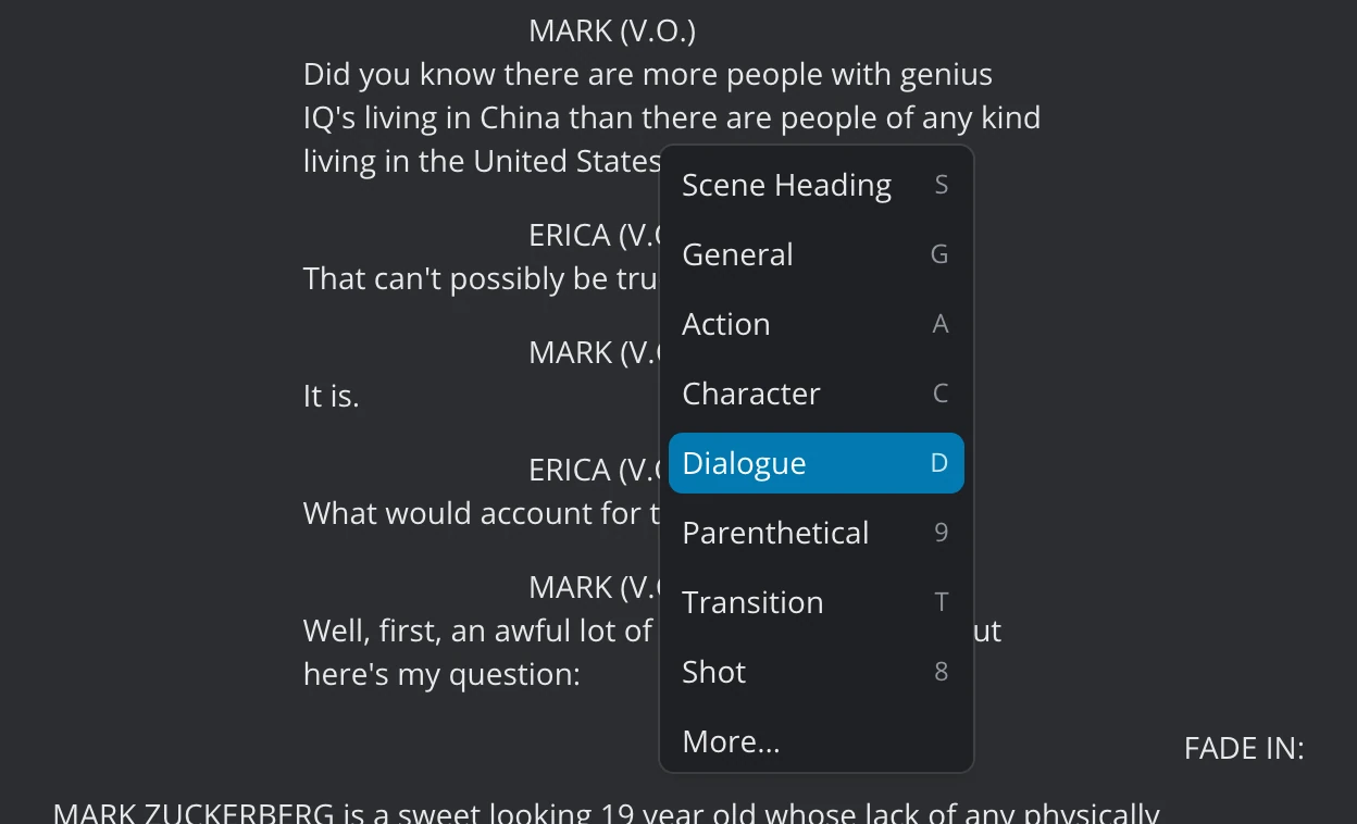 The text format menu opened on a line of dialogue, with each format's key on the right