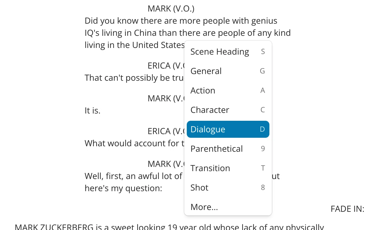 The text format menu opened on a line of dialogue, with each format's key on the right