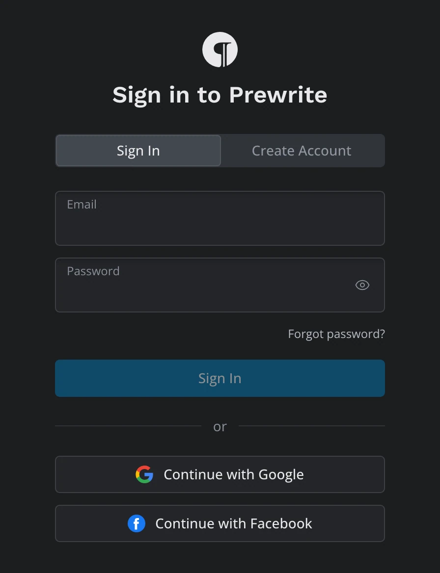 The Sign In tab: Email and Password fields, Forgot password?, the Sign In button, and Continue with Google and Continue with Facebook