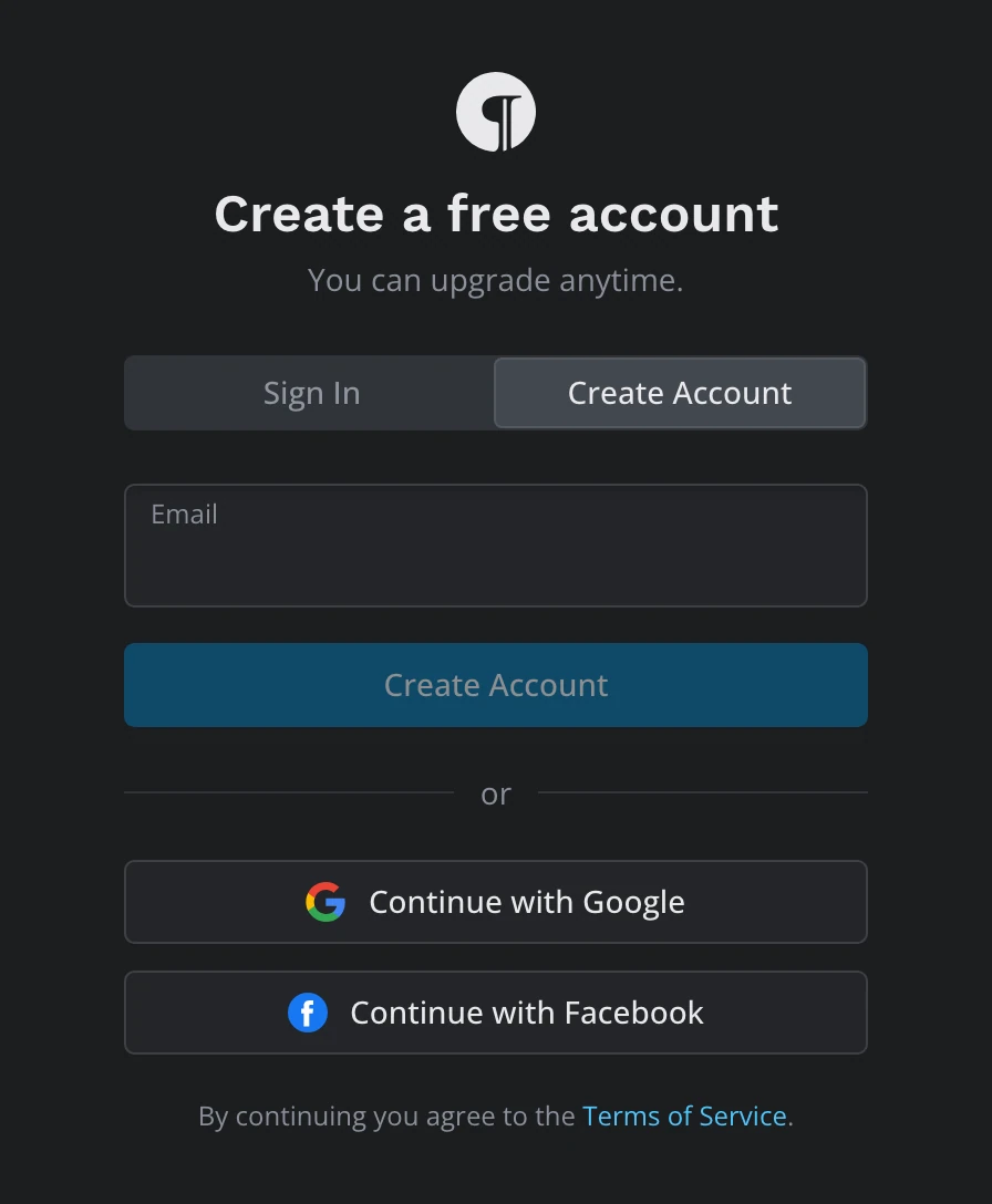 The Create Account tab: the Email field, the Create Account button, the Google and Facebook buttons and the Terms of Service notice